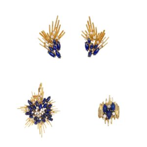 diamond sapphire jewelry set of ring, earrings and brooch 18k...