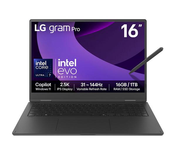 lg gram pro 16t90tp g.aa78a1 16" 2 in 1 laptop intel® core™ ultra 7, 1 tb ssd, black