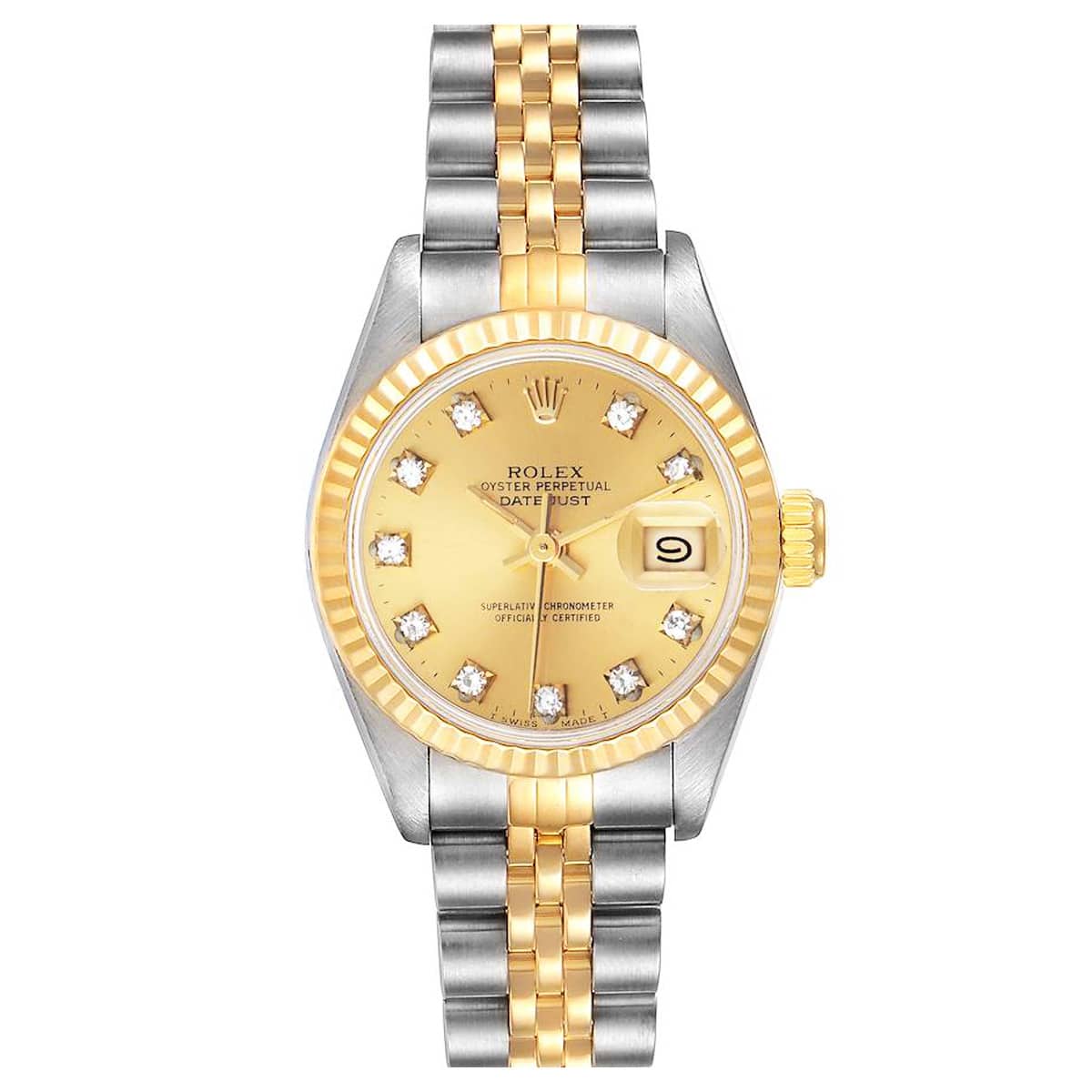 rolex datejust 69173 champagne diamond dial 26mm 18k yellow gold...