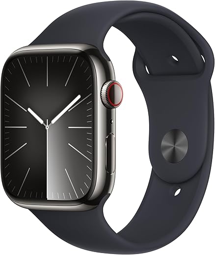 Apple Watch Series 9 [GPS + Cellular 45mm] Smartwatch with Graphite Stainless Steel Case with Midnight Sport Band M/L. Fitness Tracker, Blood...