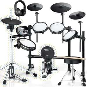 Fesley Electric Drum Set, Electronic Drum Set with 4 Quiet Mesh Drum Pads, Independent HiHat and Kick Drum Full Size Adult Drum Set, 3 Cymbals with...