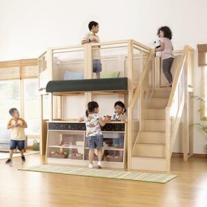 Guidecraft Café Loft: Kids Wooden Indoor Pretend Play Kitchen and Climber Activity Center with Stove, Sink, Storage and Chalkboard for Toddlers -...